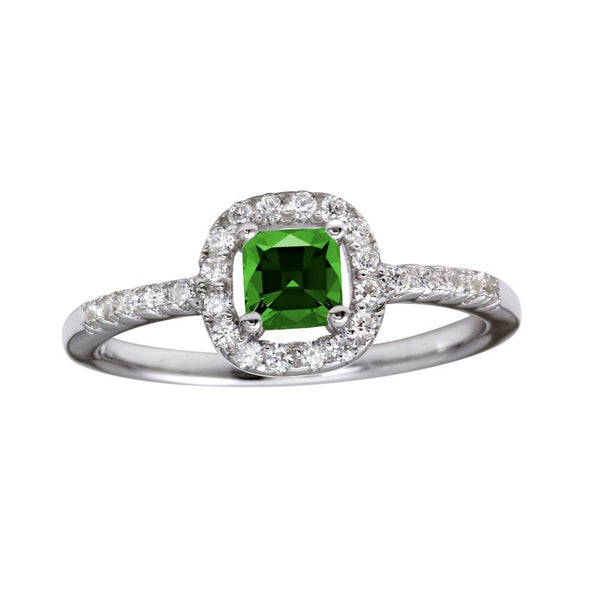 Rhodium Plated 925 Sterling Silver Square Clear and Green CZ Center Stone Ring