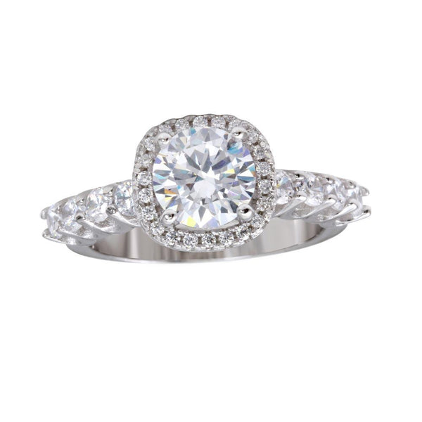 Rhodium Plated 925 Sterling Silver Round CZ Square Shape Halo Ring with CZ Shank