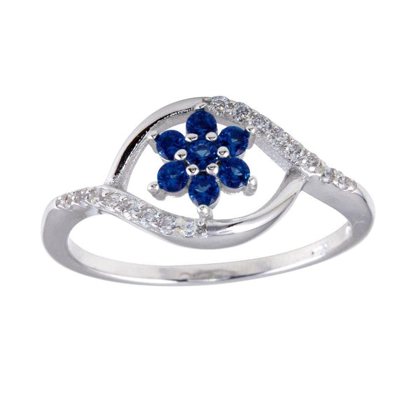 Rhodium Plated 925 Sterling Silver Wave Blue Center Flower CZ Ring