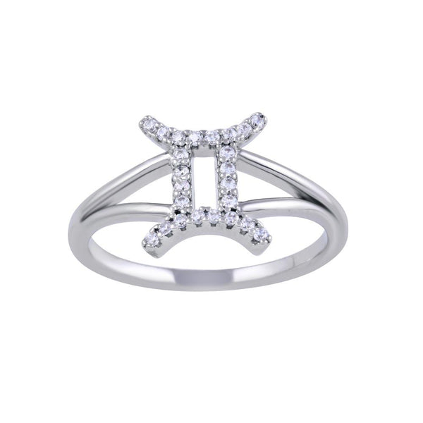 Rhodium Plated 925 Sterling Silver Gemini CZ Zodiac Sign Ring