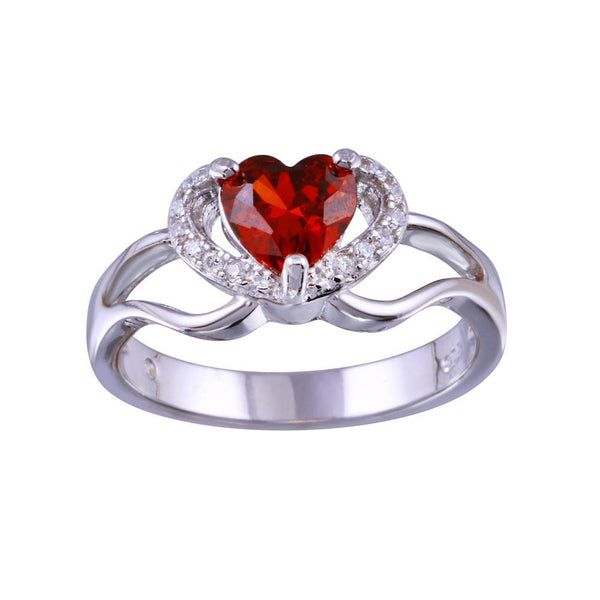 Rhodium Plated 925 Sterling Silver Heart Red and Clear CZ Ring