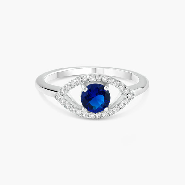 Rhodium Plated 925 Sterling Silver Open Evil Eye Ring with Blue Center Stones