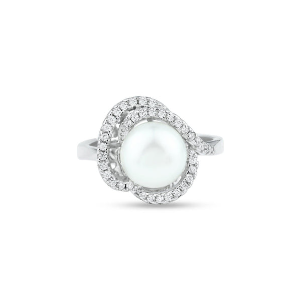 Rhodium Plated 925 Sterling Silver White Pearl and Clear CZ Ring