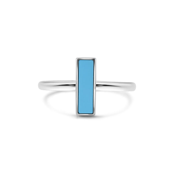 Rhodium Plated 925 Sterling Silver  Turquoise Stone Bar Ring