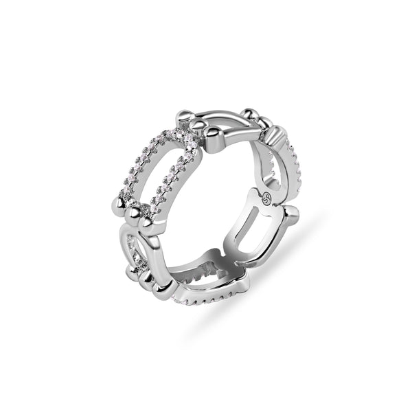Rhodium Plated 925 Sterling Silver Bow Paperclip 6.5mm Clear CZ Ring