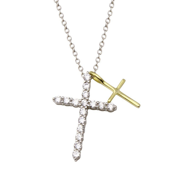 Rhodium and Gold Plated 925 Sterling Silver  Cross Clear CZ Adjustable Necklace