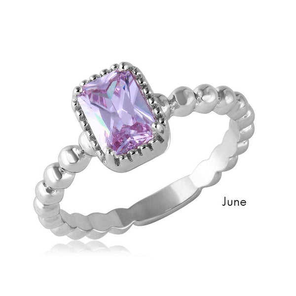 June Sterling Silver 925 Rhodium Plated Beaded Shank Square Center Birthstone Ring