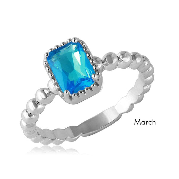 March Sterling Silver 925 Rhodium Plated Beaded Shank Square Center Birthstone Ring