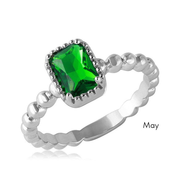 May Sterling Silver 925 Rhodium Plated Beaded Shank Square Center Birthstone Ring