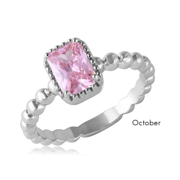 October Sterling Silver 925 Rhodium Plated Beaded Shank Square Center Birthstone Ring