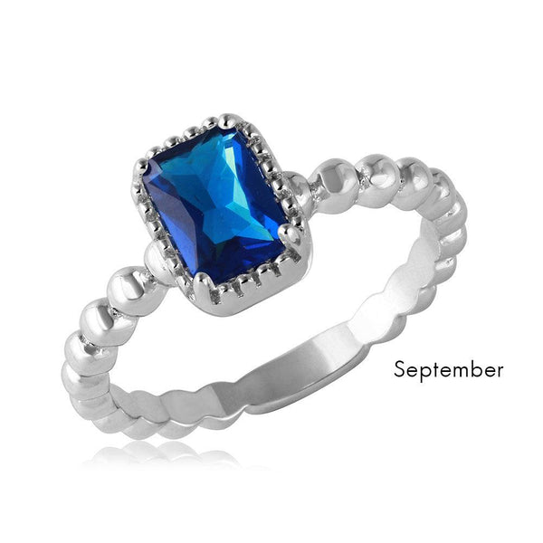 September Sterling 925 Silver Rhodium Plated Beaded Shank Square Center Birthstone Ring