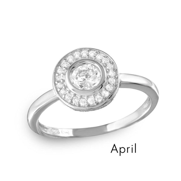 April Sterling Silver 925 Rhodium Plated CZ Center Birthstone Halo Ring