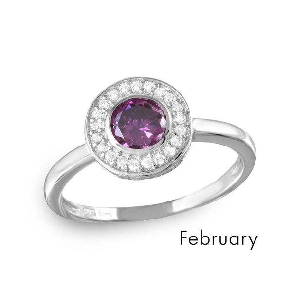 February Sterling Silver 925 Rhodium Plated CZ Center Birthstone Halo Ring
