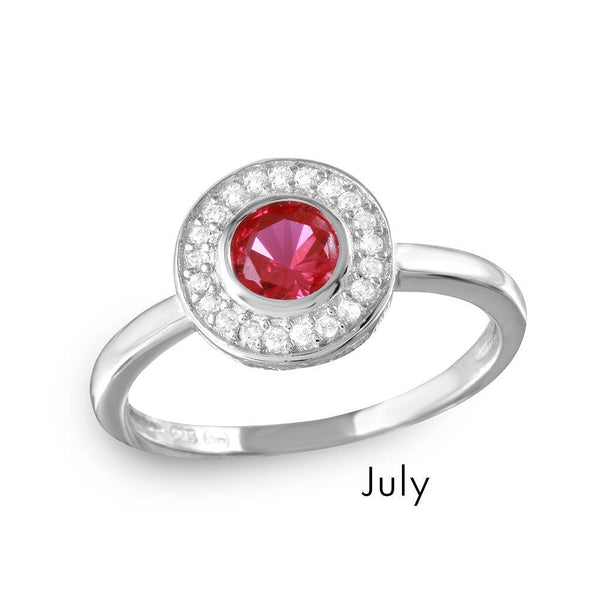 July Sterling Silver 925 Rhodium Plated CZ Center Birthstone Halo Ring