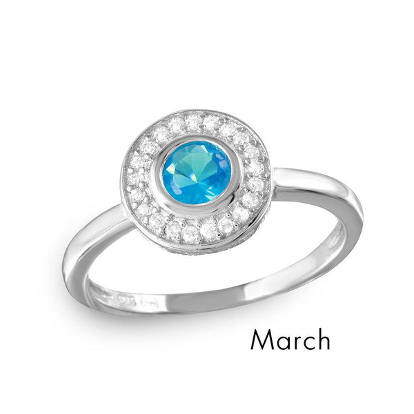 March Sterling Silver 925 Rhodium Plated CZ Center Birthstone Halo Ring