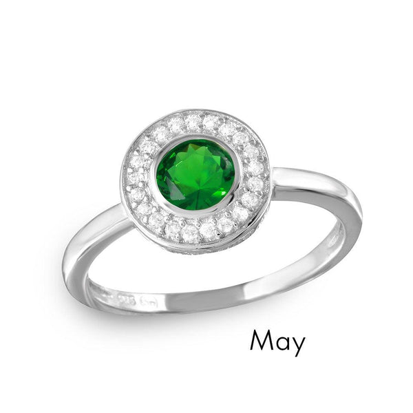 May Sterling Silver 925 Rhodium Plated CZ Center Birthstone Halo Ring