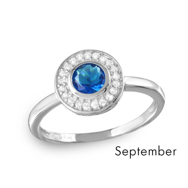 September Sterling Silver 925 Rhodium Plated CZ Center Birthstone Halo Ring