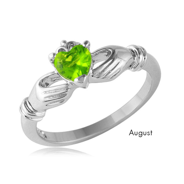 August Sterling Silver 925 Rhodium Plated CZ Center Birthstone Claddagh Ring