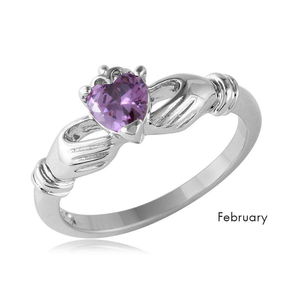 February Sterling Silver 925 Rhodium Plated CZ Center Birthstone Claddagh Ring