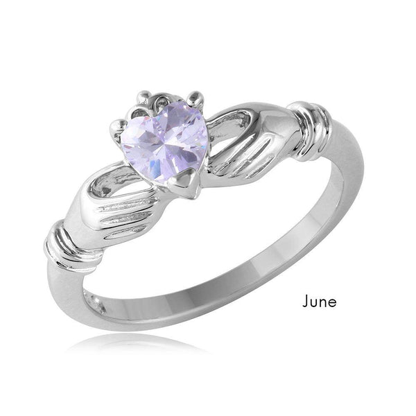 June Sterling Silver 925 Rhodium Plated CZ Center Birthstone Claddagh Ring