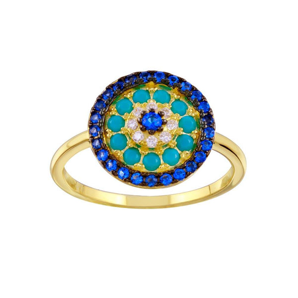 Gold Plated 925 Sterling Silver Turquoise Blue Clear CZ Round Evil Eye Ring