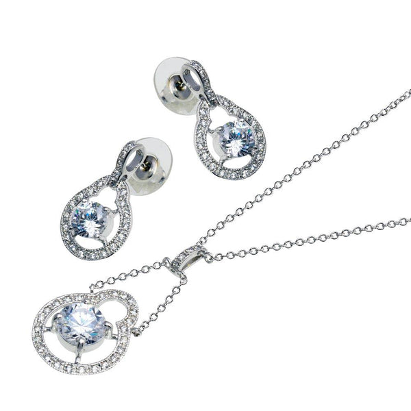 Silver 925 Rhodium Plated Round Circle Open Clear Center CZ Dangling Stud Earring and Dangling Necklace Set