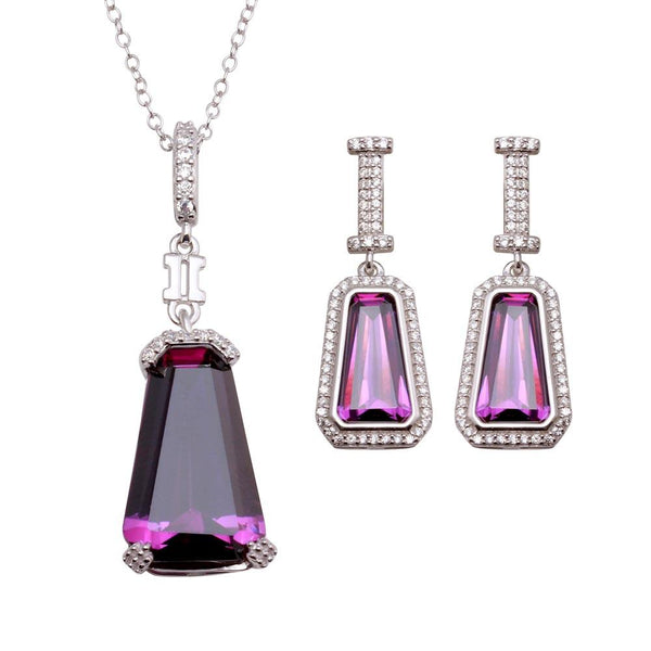 Rhodium Plated 925 Sterling Silver Large Purple CZ Stone Earring and Necklace Set