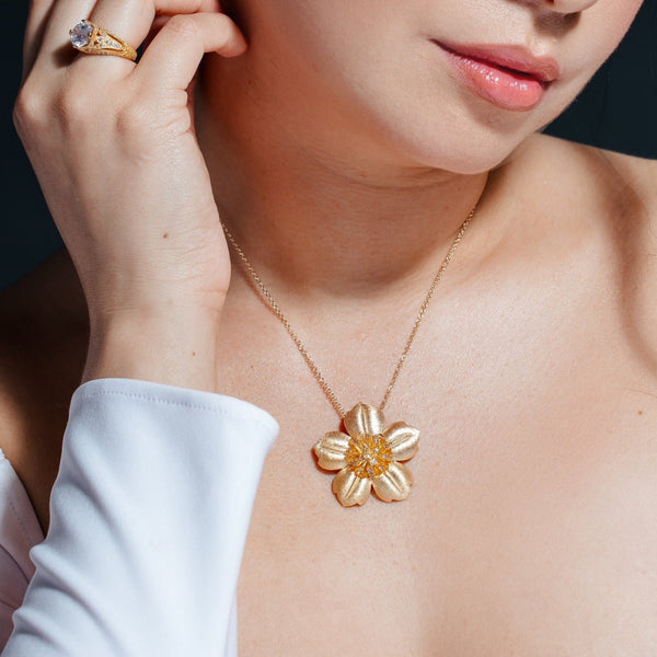 Silver 925 Gold Plated Flower Pink CZ Stud Earring and Necklace Set