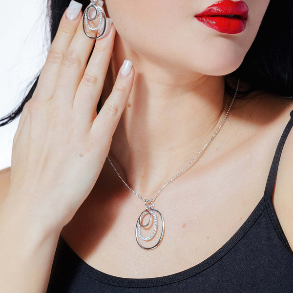 Silver 925 Rhodium Plated Clear Open Multi Layer Oval CZ Dangling Stud Earring and Dangling Necklace Set