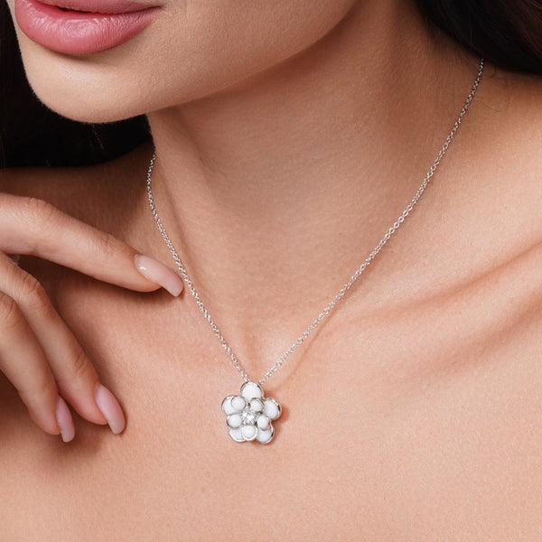 Silver 925 White Enamel Clear CZ Center Flower French Clip Earring and Necklace Set