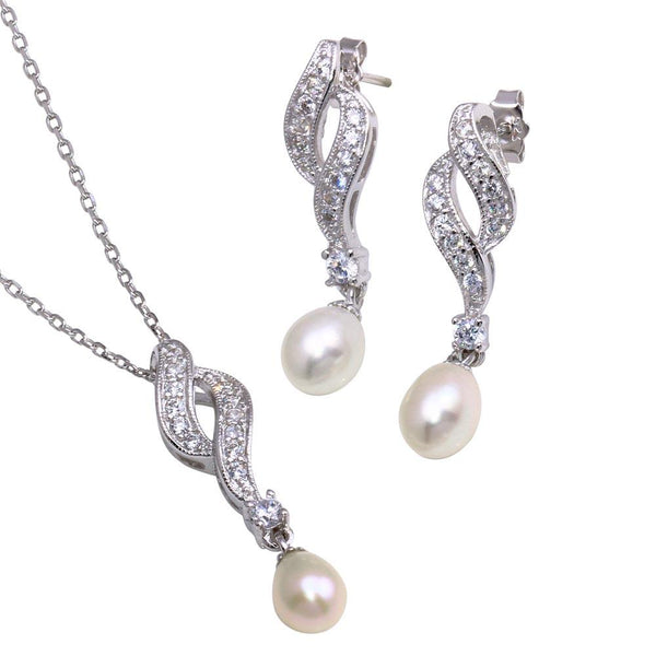 Silver 925 Rhodium Plated Fresh Water Pearl Twist Clear CZ Hanging Set