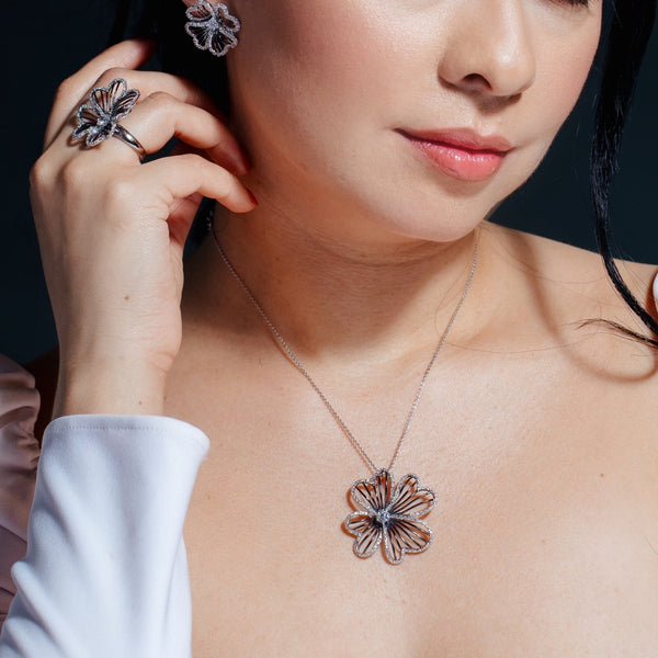 Silver 925 Black Rhodium Plated Flower Clear CZ Stud Earring and Necklace Set