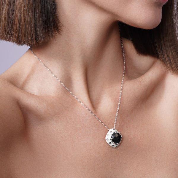 Silver 925 Rhodium Plated White Enamel Black and Clear Square CZ Stud Earring and Necklace Set