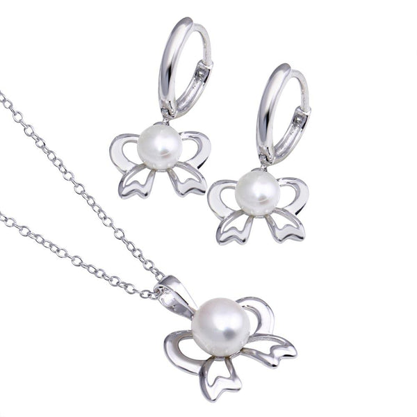 Silver 925 Rhodium Plated Pearl Ribbon Leverback Earring and Necklace Set