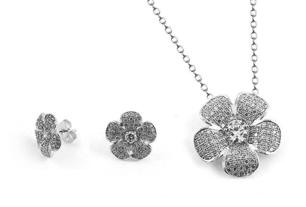 Silver 925 Rhodium Plated Clear Pave Set Flower CZ Stud Earring and Necklace Set