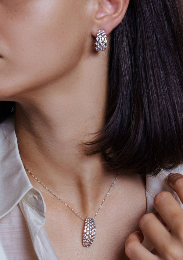 Silver 925 Rhodium Plated Multi Row Clear CZ French Clip Earring and Necklace Set
