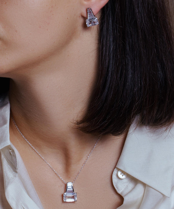 Silver 925 Rhodium Plated Clear Baguette CZ Stud Earring and Necklace Set