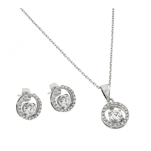 Silver 925 Rhodium Plated Clear Round Open Circle CZ Stud Earring and Dangling Necklace Set