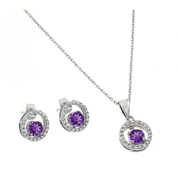 Silver 925 Rhodium Plated Clear and Purple Round Open Circle CZ Stud Earring and Dangling Necklace Set