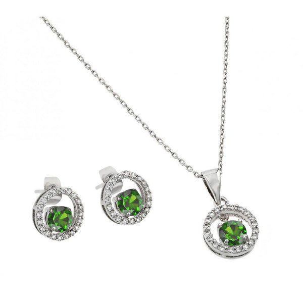 Silver 925 Rhodium Plated Clear and Green Round Open Circle CZ Stud Earring and Dangling Necklace Set