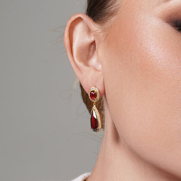 Silver 925 Gold Plated Clear and Red Oval Slim Teardrop CZ Dangling Stud Earring and Dangling Necklace Set