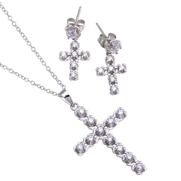 Silver 925 Rhodium Plated Clear Cross CZ Stud Earring and Necklace Set