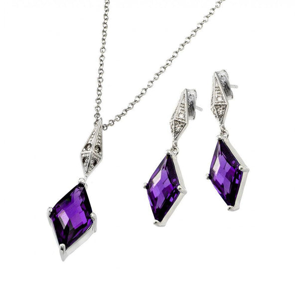 Silver 925 Rhodium Plated Clear Inlay Purple Diamond Shaped CZ Dangling Stud Earring and Dangling Necklace Set