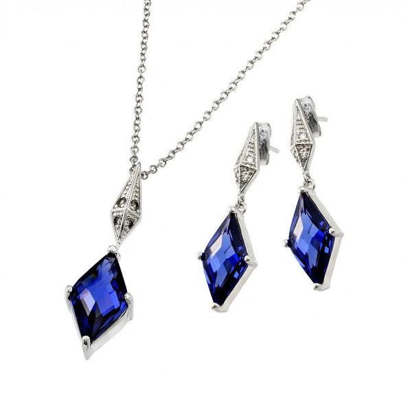 Silver 925 Rhodium Plated Clear Inlay Blue Diamond Shaped CZ Dangling Stud Earring and Dangling Necklace Set