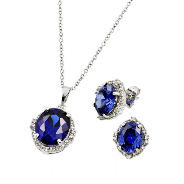 Silver 925 Rhodium Plated Blue Round Clear Cluster CZ Stud Earring and Necklace Set