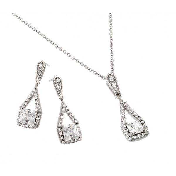 Silver 925 Rhodium Plated Clear Square CZ Hanging Stud Earring and Hanging Necklace Set