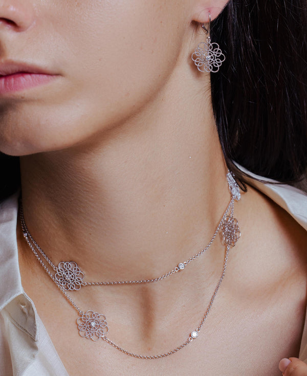 Silver 925 Rhodium Plated Clear Flower Filigree CZ Leverback Earring and Necklace Set