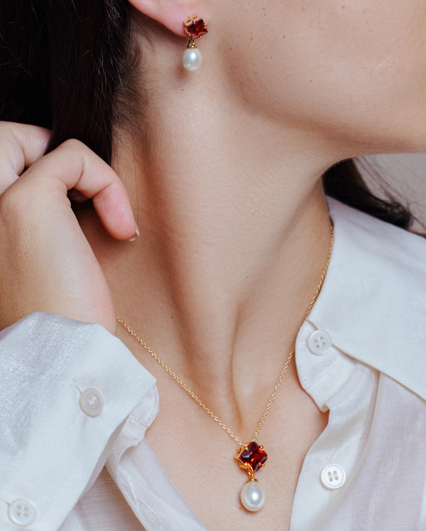 Silver 925 Gold Plated Pearl Drop Diamond Shaped Red CZ Dangling Stud Earring and Dangling Necklace Set