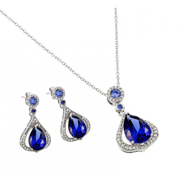 Silver 925 Rhodium Plated Clear and Blue Teardrop CZ Dangling Stud Earring and Dangling Necklace Set