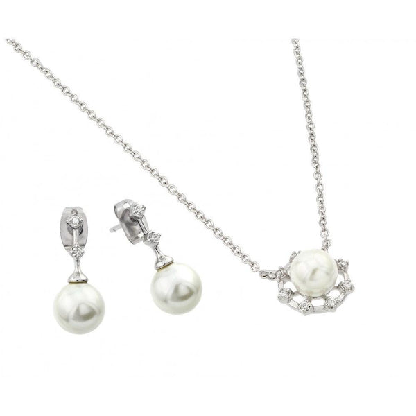Silver 925 Rhodium Plated Pearl Drop Clear CZ Hanging Stud Earring and Necklace Set